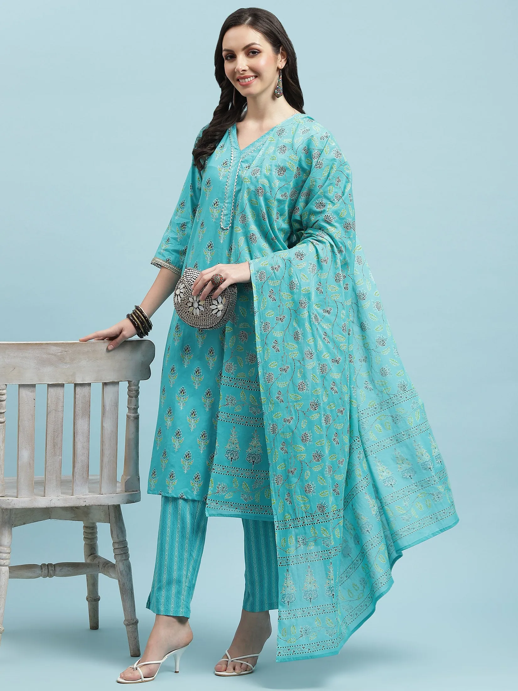 Indiessence Turquoise Blue Floral Print Kurta Trouser Dupatta