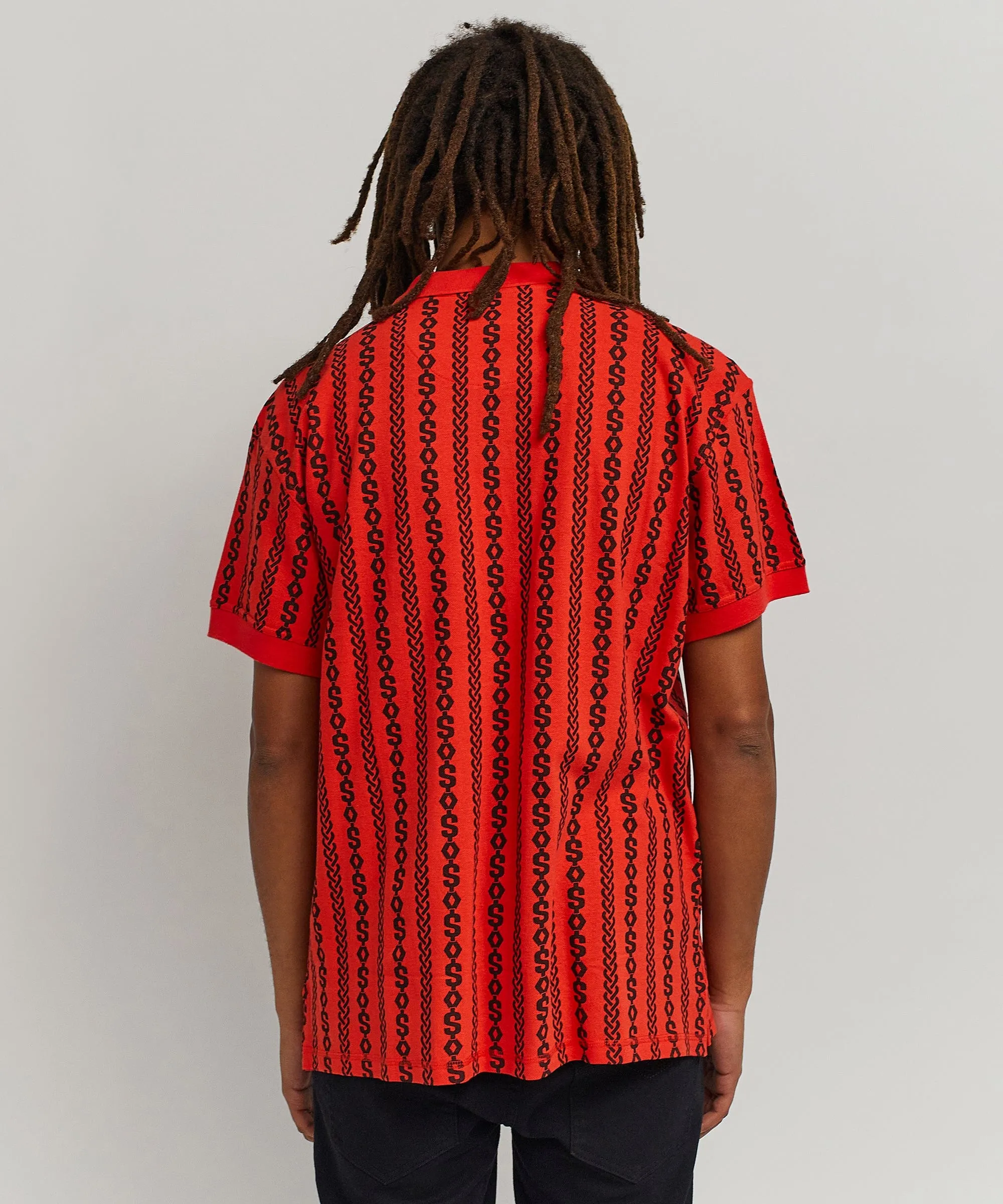 Knit Stripe Allover Print Polo - Red