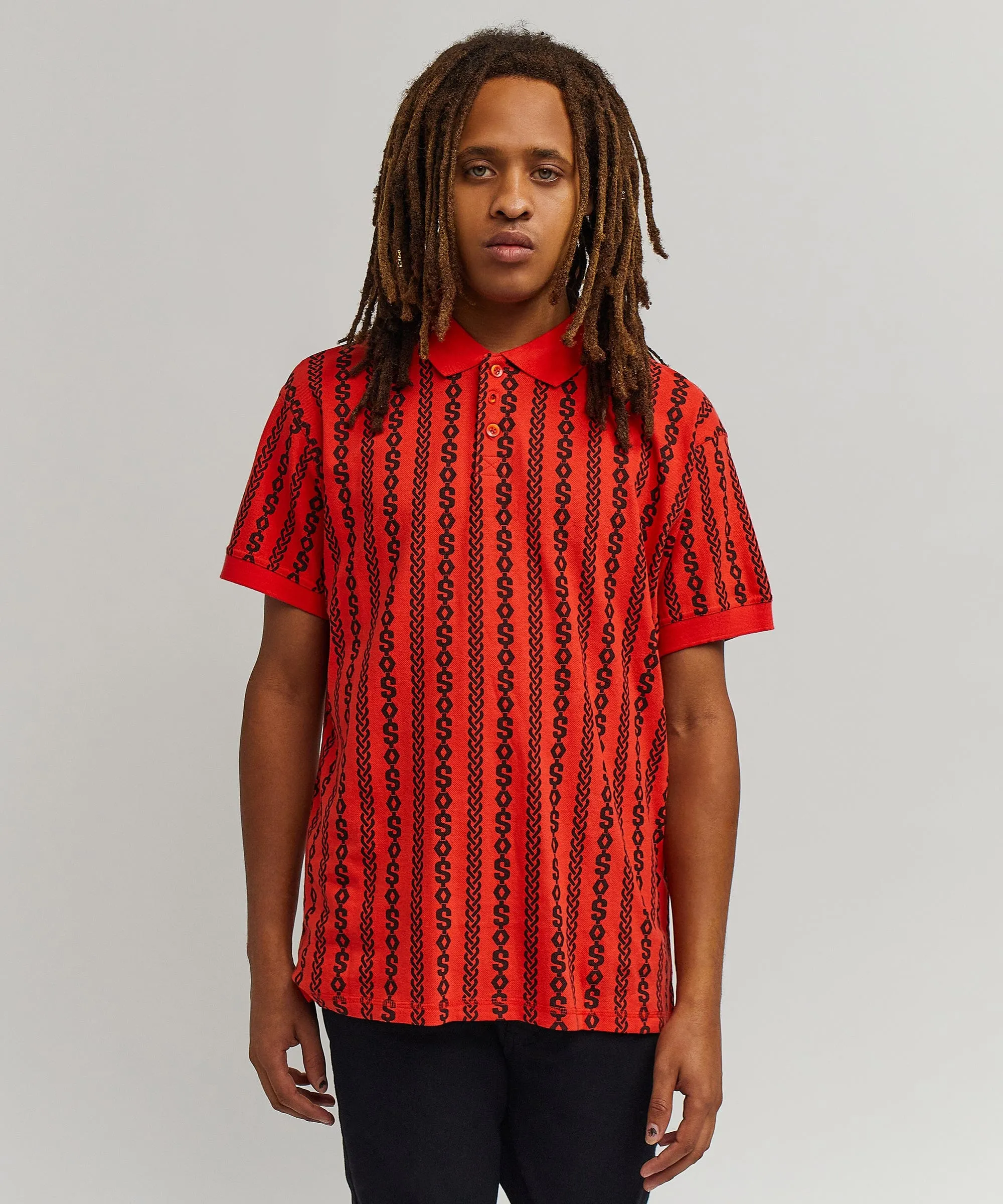 Knit Stripe Allover Print Polo - Red