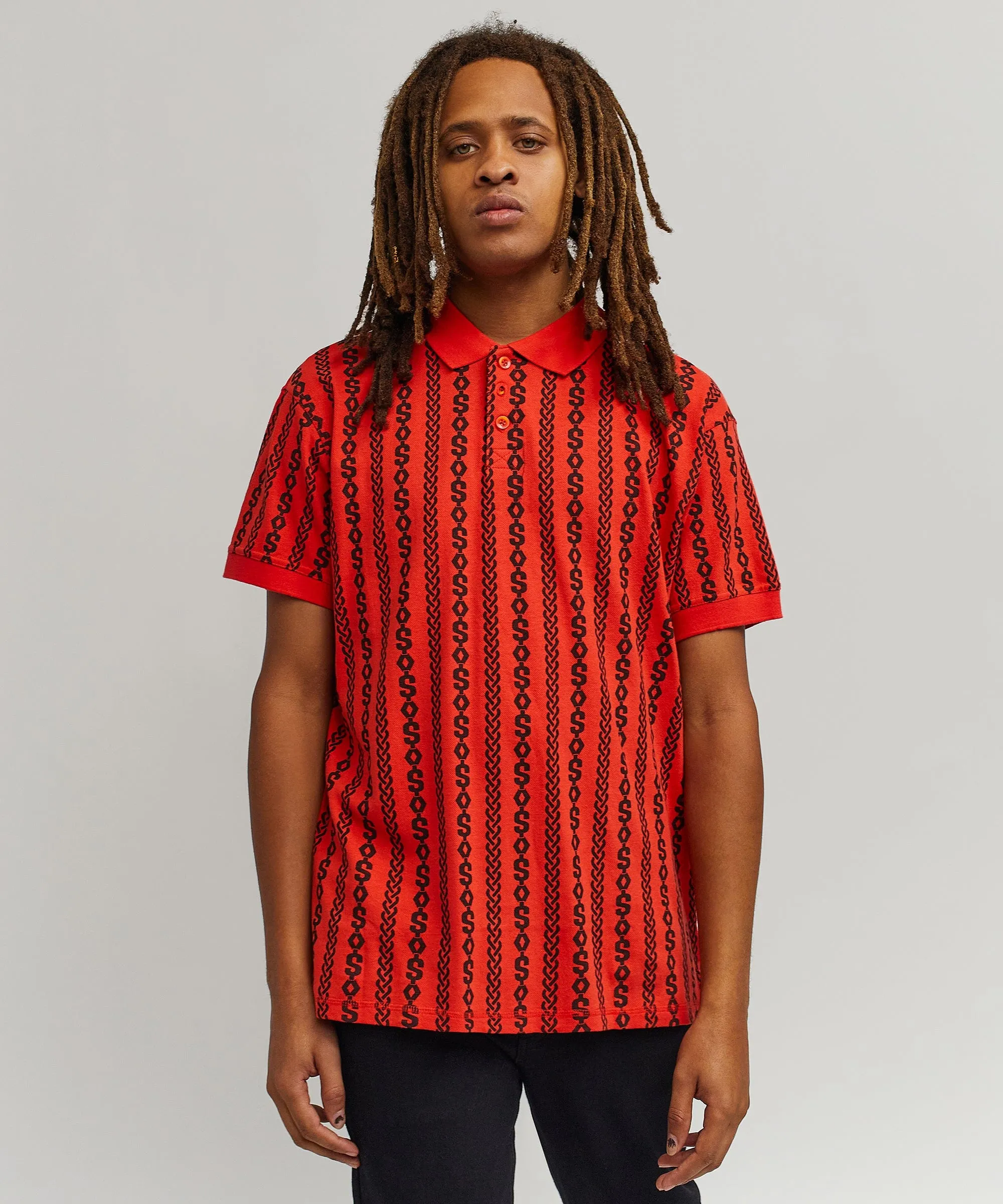 Knit Stripe Allover Print Polo - Red