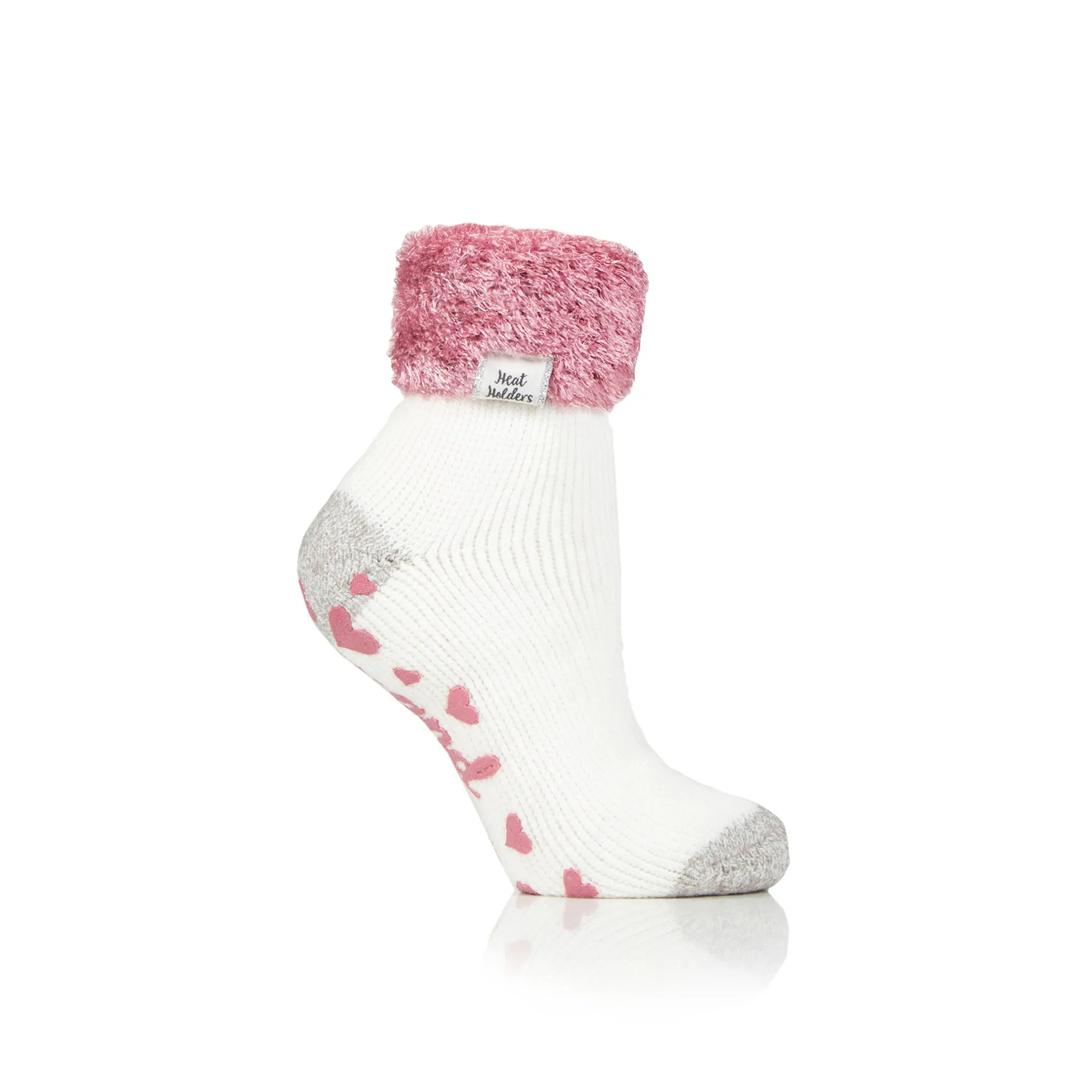 Ladies Original Lounge Socks with Turnover Feather Top - Pink & Cream