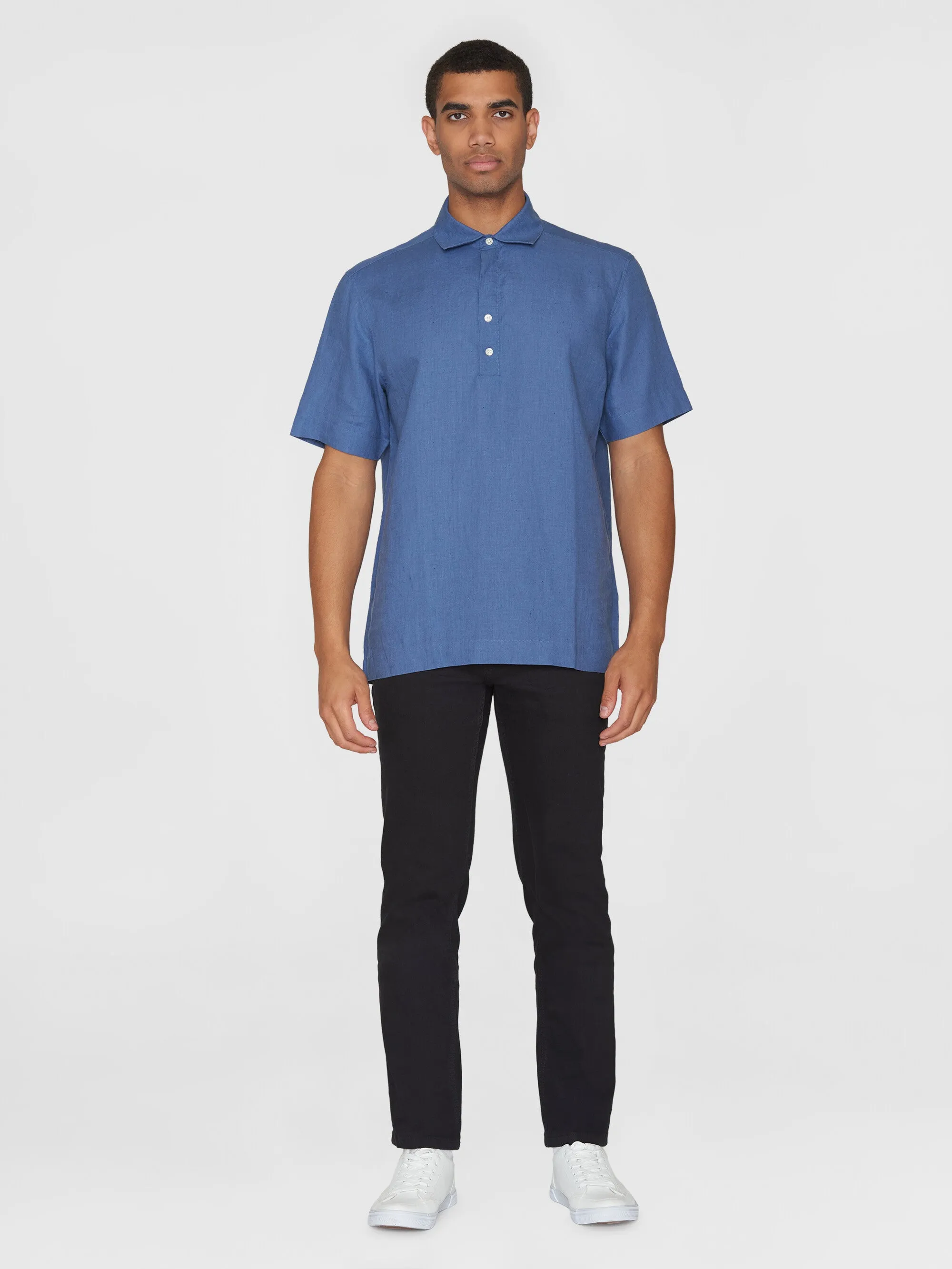 Loose short sleeve linen polo shirt - GOTS/Vegan - Moonlight Blue