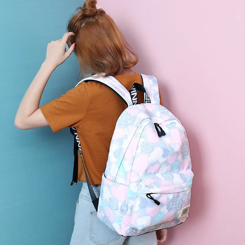 Lovely Heart Printing Nylon Backpack School Bags