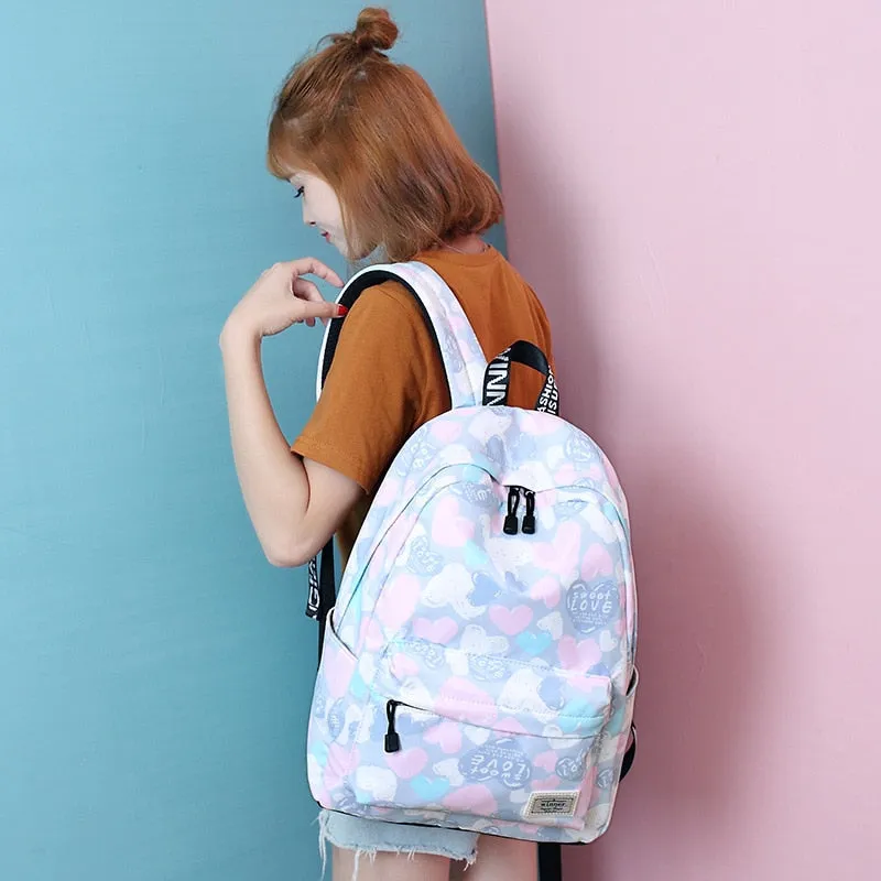 Lovely Heart Printing Nylon Backpack School Bags