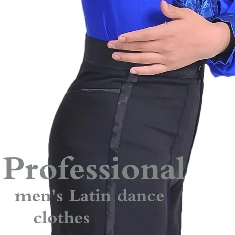 M331B Latin Dance Pants -Men and Boys Latin Modern Ballroom Performance Dance Pants -Black Satin Stripe Trousers