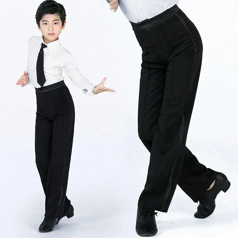 M331B Latin Dance Pants -Men and Boys Latin Modern Ballroom Performance Dance Pants -Black Satin Stripe Trousers