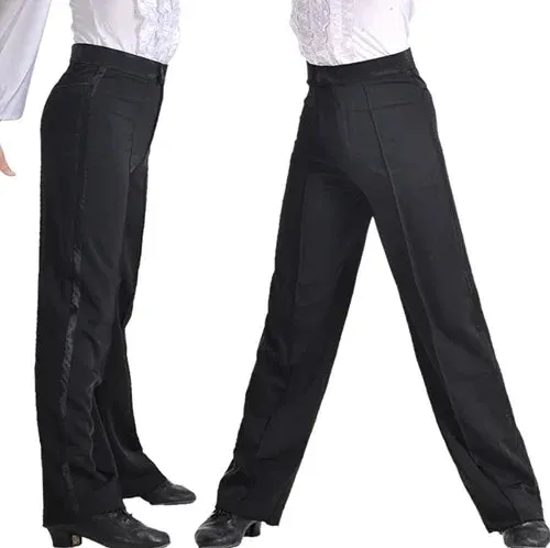 M331B Latin Dance Pants -Men and Boys Latin Modern Ballroom Performance Dance Pants -Black Satin Stripe Trousers