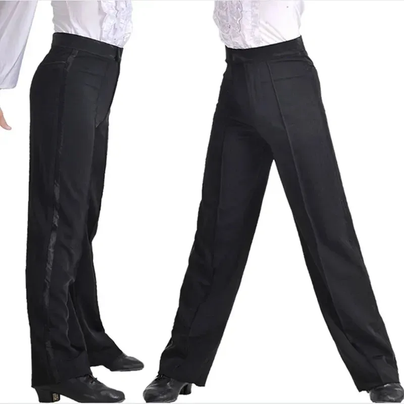 M331B Latin Dance Pants -Men and Boys Latin Modern Ballroom Performance Dance Pants -Black Satin Stripe Trousers