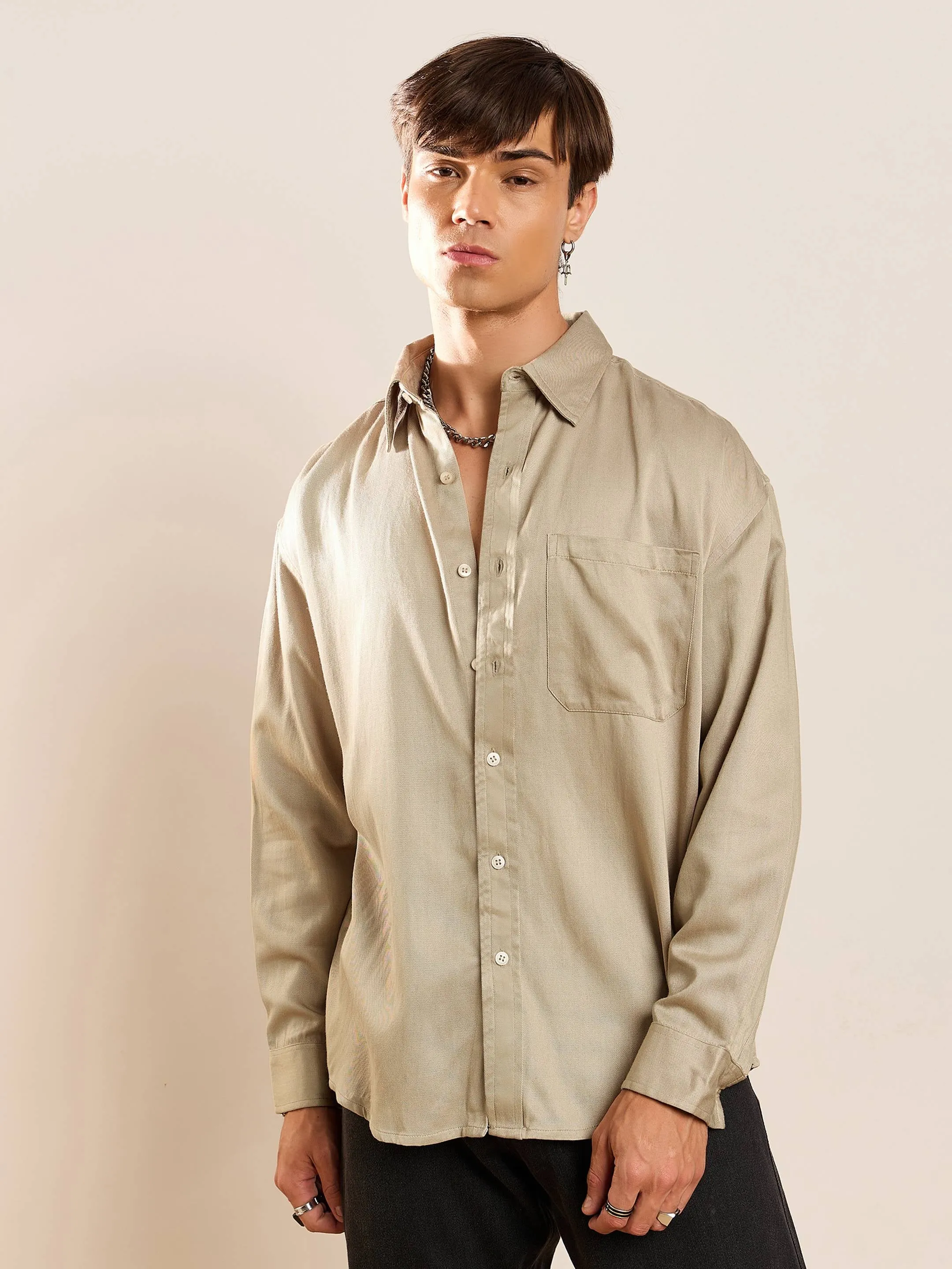 Men Beige Twill Oversize Shirt