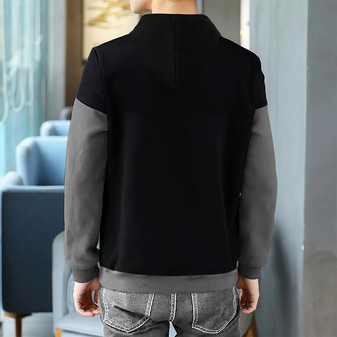 Men Black Dark Grey Hooded T-shirt