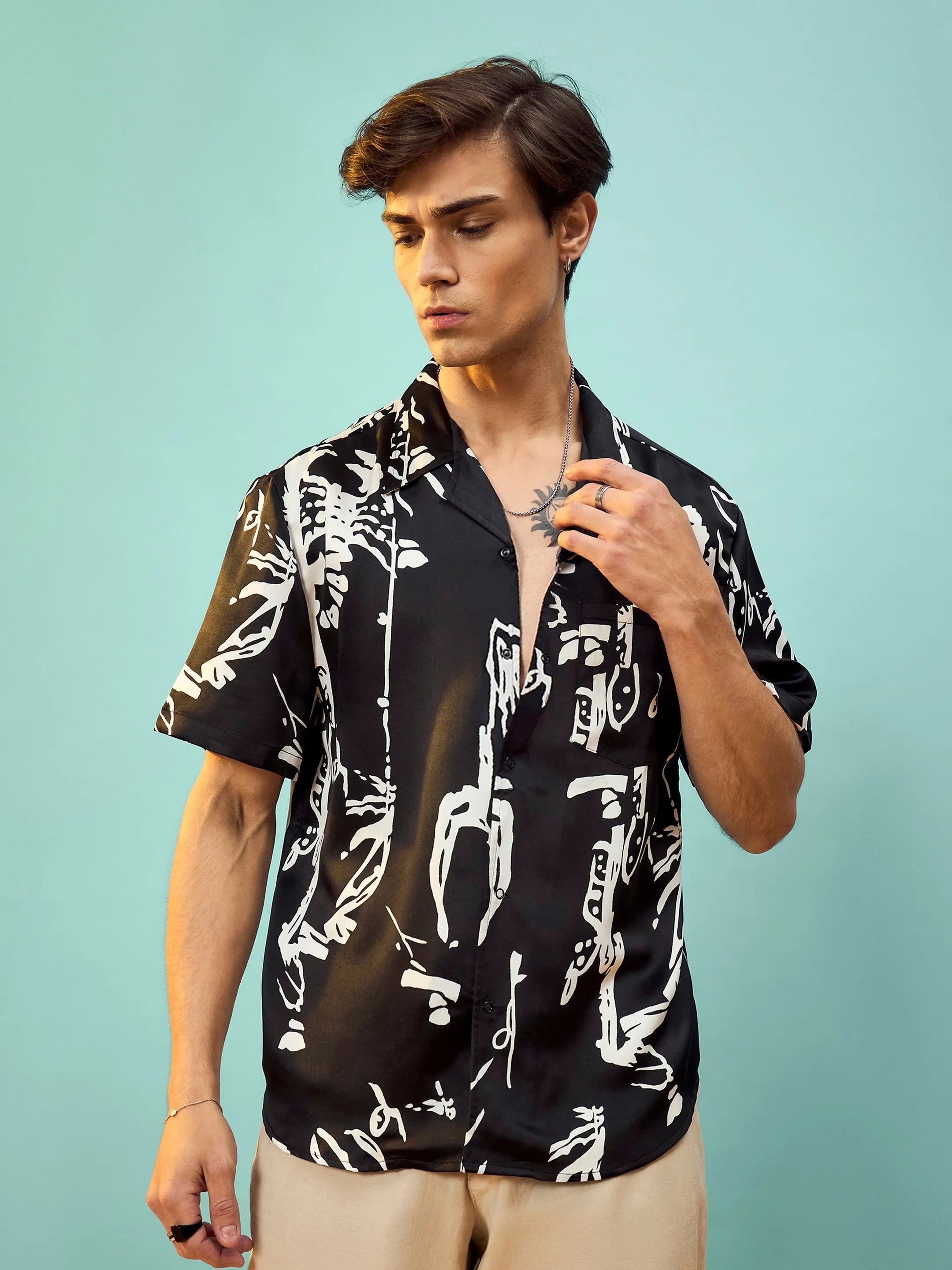 Men Black Satin Print Relax Fit Shirt