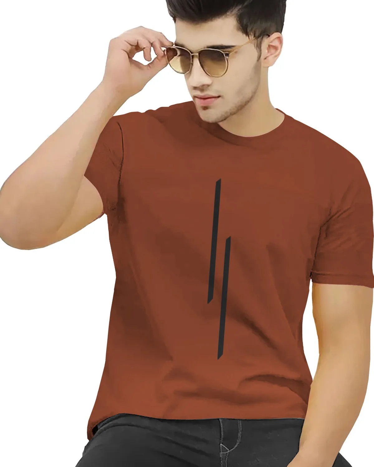 Men Brown Line Printed Round Neck Half Sleeve T-shirt