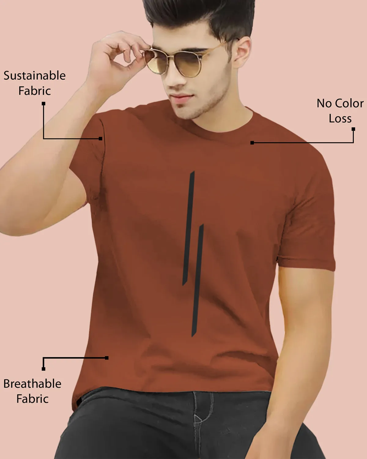 Men Brown Line Printed Round Neck Half Sleeve T-shirt