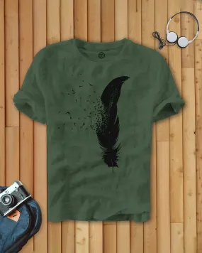 Men Feather Printed Half Sleeve Green T-shirt