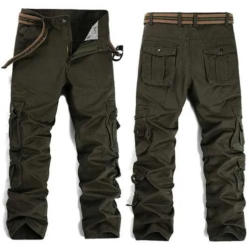 Men Military Outdooors Cargo Pants Loose Casual Cotton Multi Pockets Straight Leg Trousers