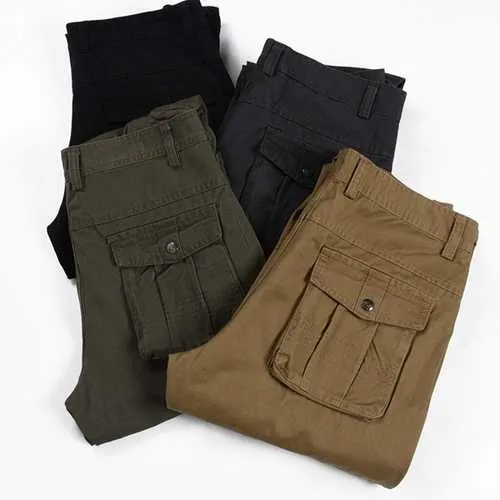 Men Military Outdooors Cargo Pants Loose Casual Cotton Multi Pockets Straight Leg Trousers