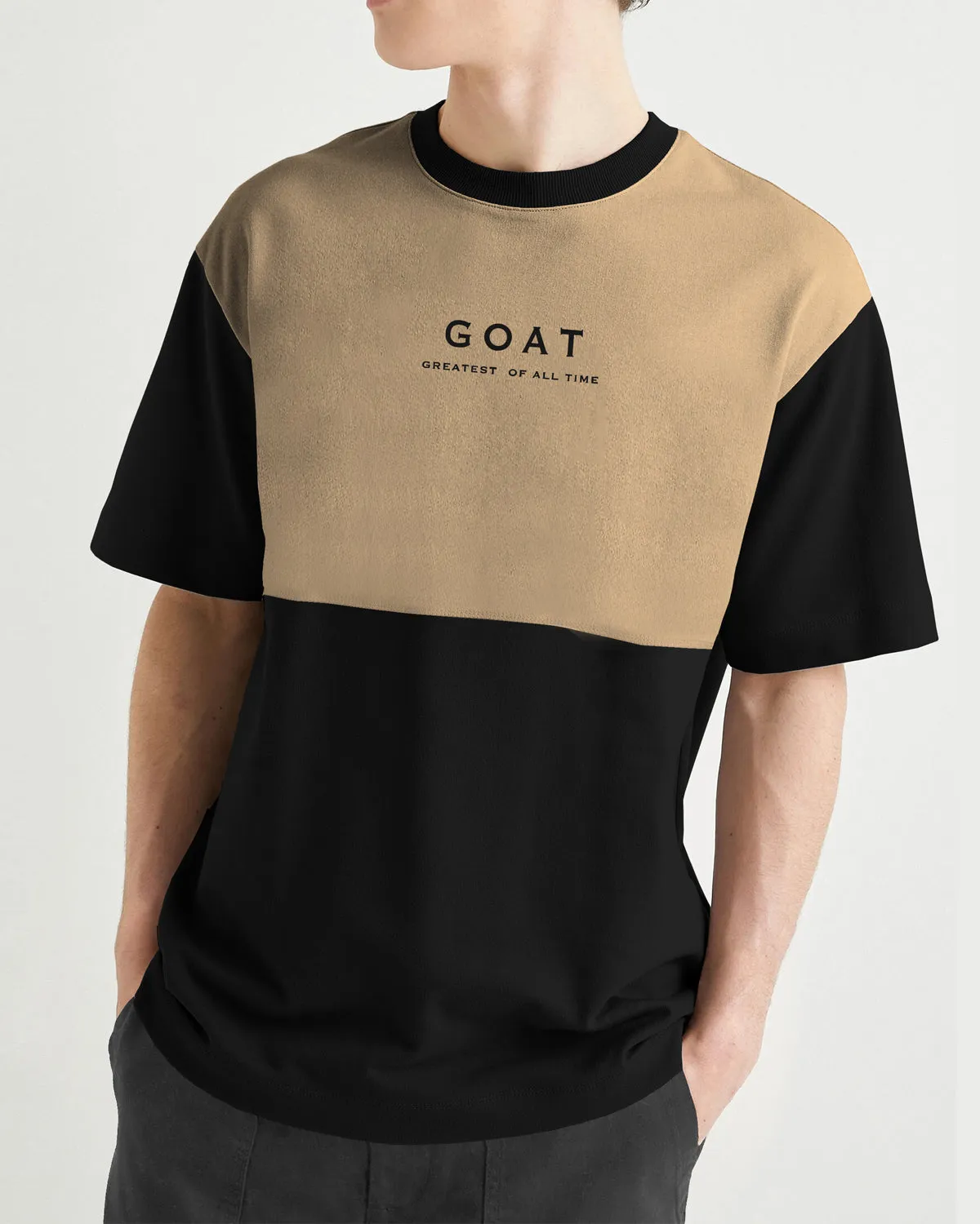 Men Oversized GOAT Printed Black Beige T-shirt