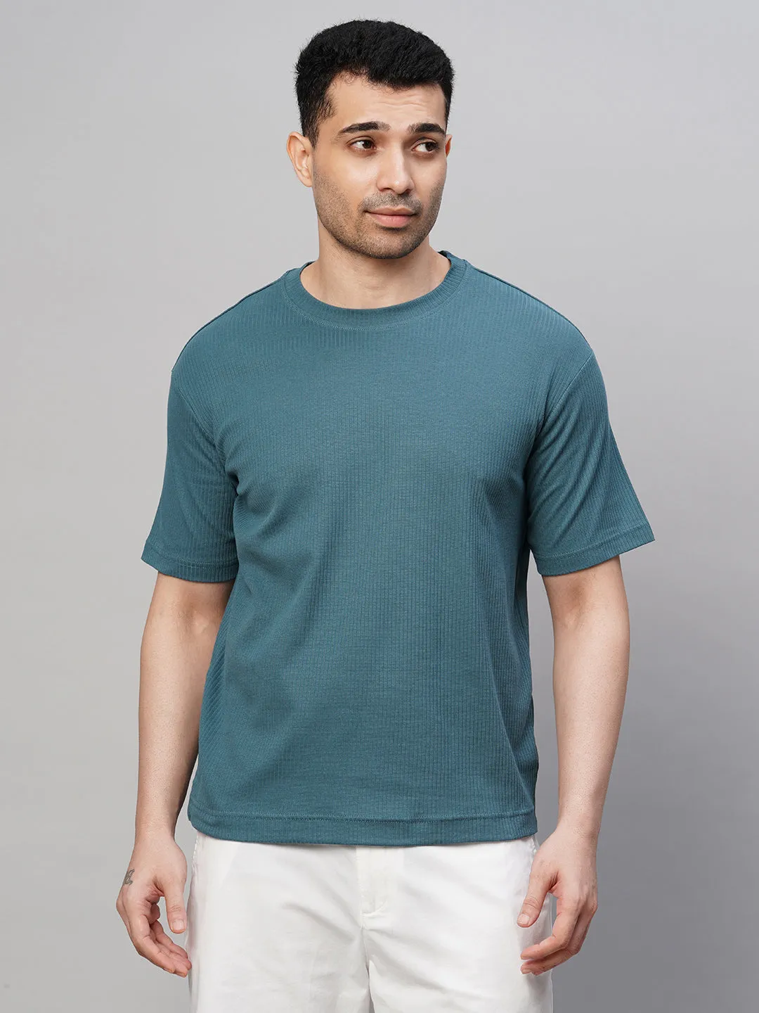 Men's Blue Cotton Elastane Regular Fit Tshirt