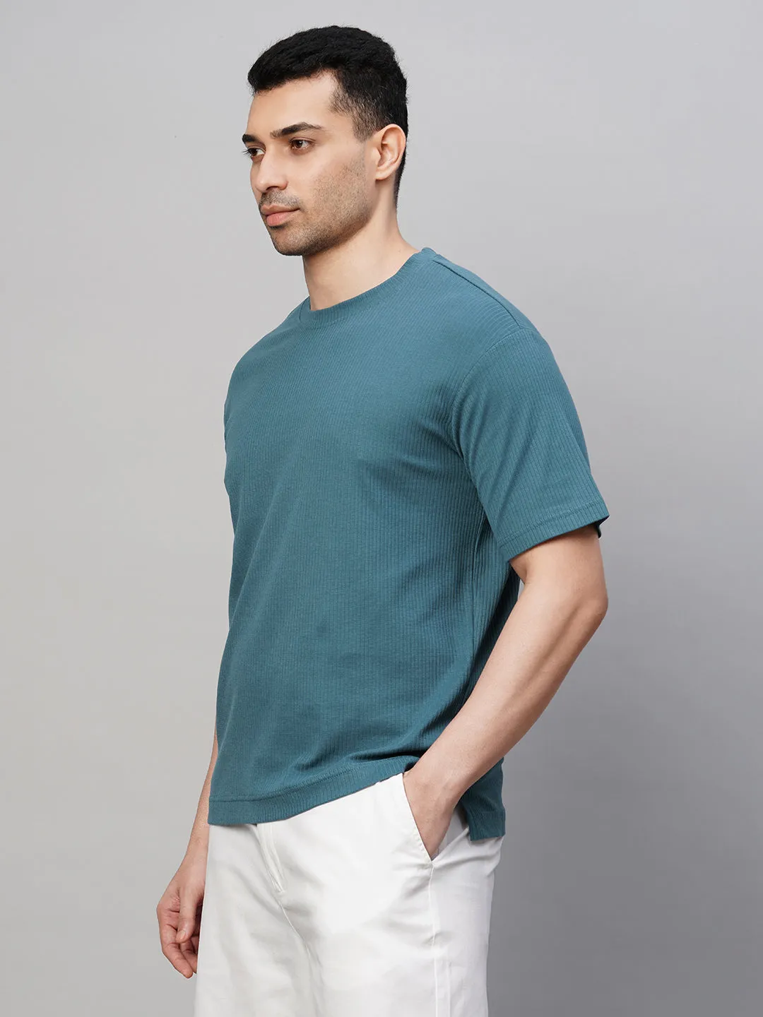 Men's Blue Cotton Elastane Regular Fit Tshirt