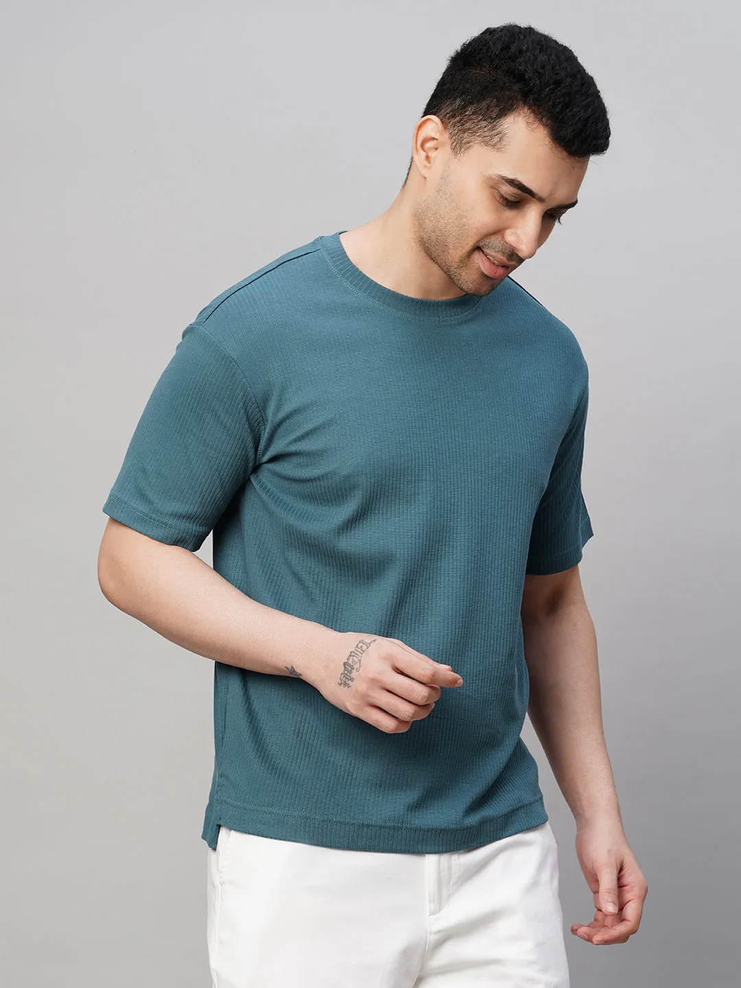 Men's Blue Cotton Elastane Regular Fit Tshirt