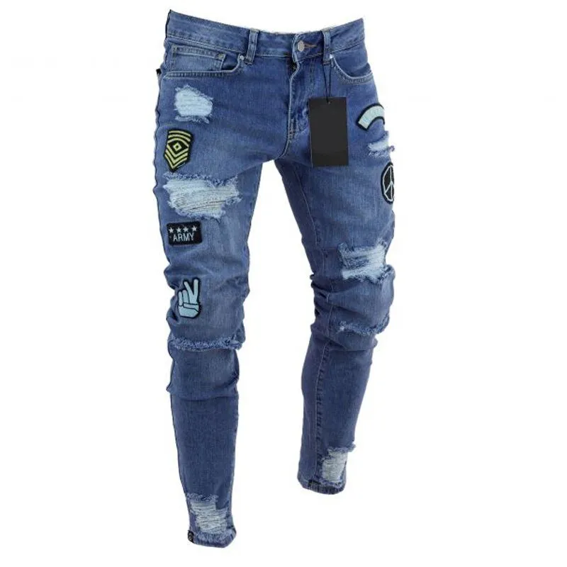 Men's Ripped jeans Badge Letters Hip-hop Skinny Jogging Denim  Fashion Pencil Long Trousers Distressed Jeans For Men Clothing