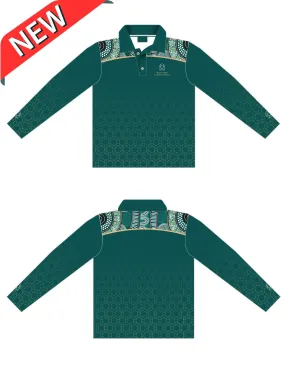 MFIS - Long Sleeve Polo Shirt Adults - Teal with Geometric Pattern on Sleeves/Body -  DELIVERY DATE THE WEEK OF THE 9TH OF SEPTEMBER