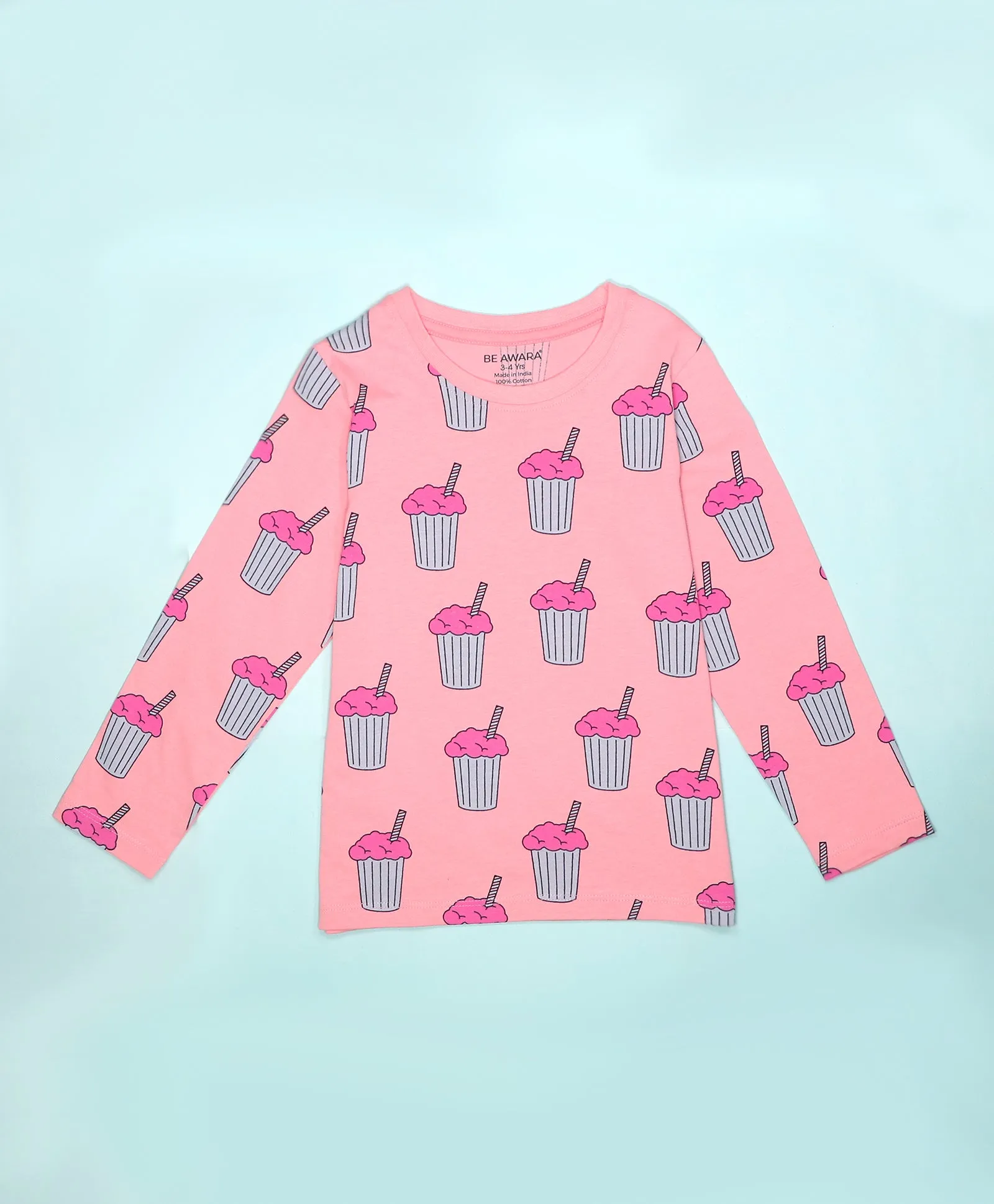 Milkshake Pattern Full Sleeves T-Shirt & Pajama Set