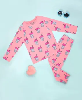 Milkshake Pattern Full Sleeves T-Shirt & Pajama Set