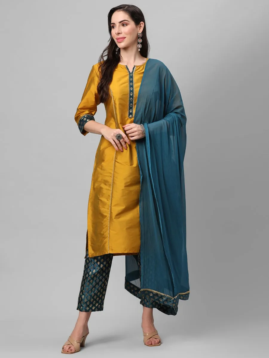 Mustard Solid Kurta Trouser Dupatta