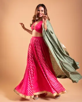 Pink Bandhani Printed Silk Top Skirt with Light Green Dupatta Set