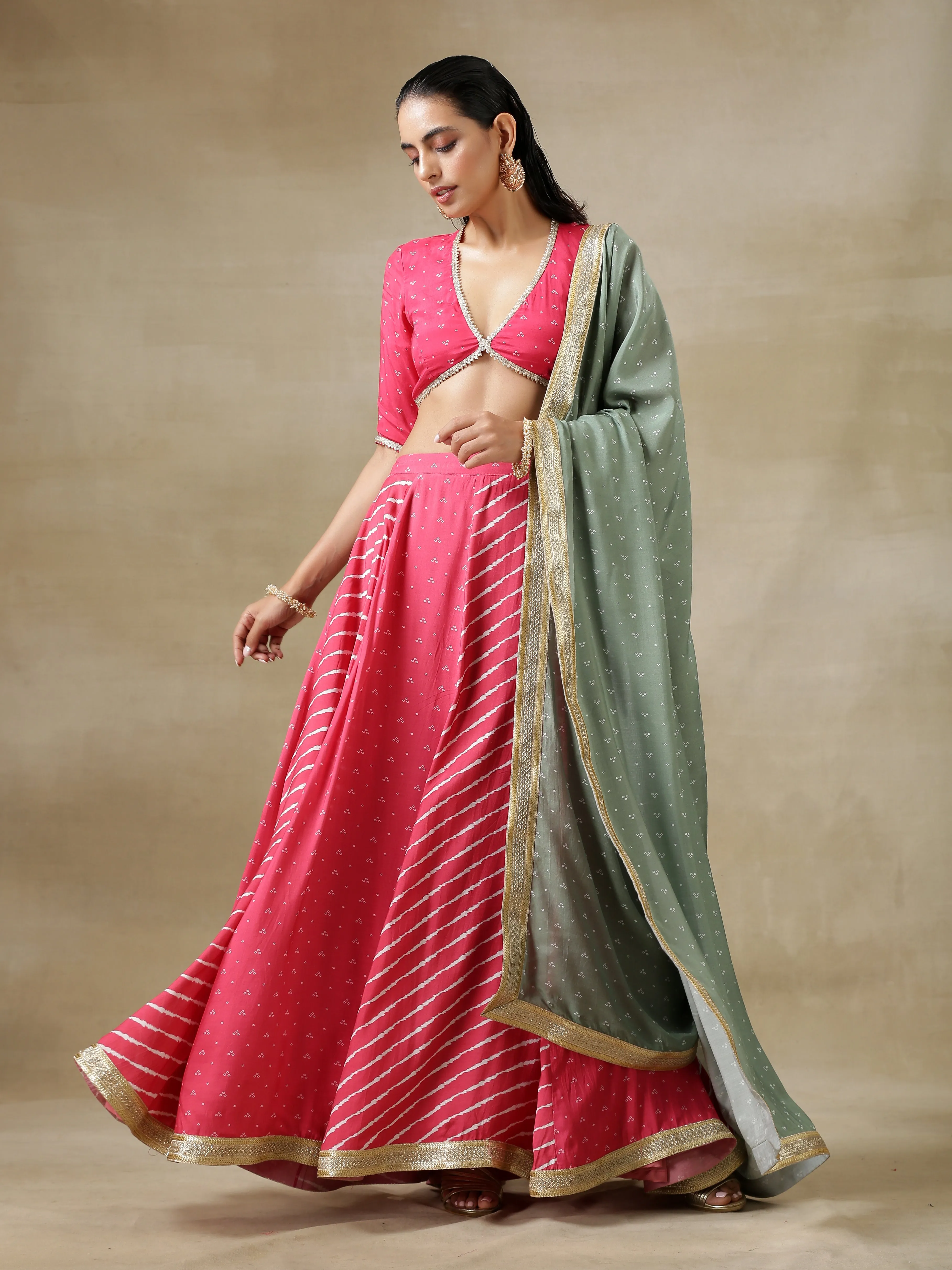 Pink Bandhani Printed Silk Top Skirt with Light Green Dupatta Set