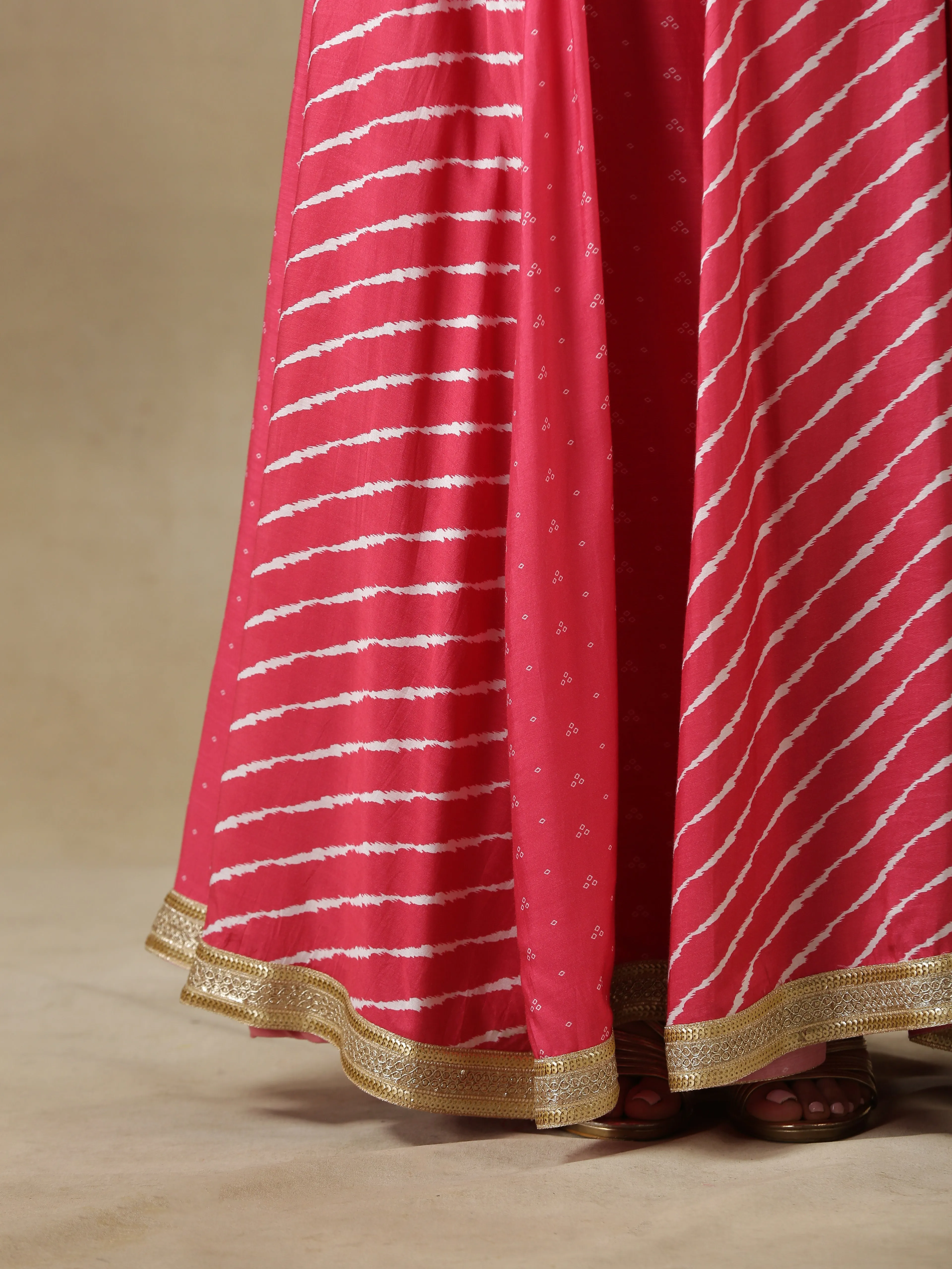 Pink Bandhani Printed Silk Top Skirt with Light Green Dupatta Set