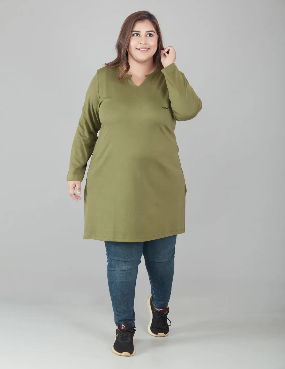 Plus Size Full Sleeves Long Top For Women - Olive Green