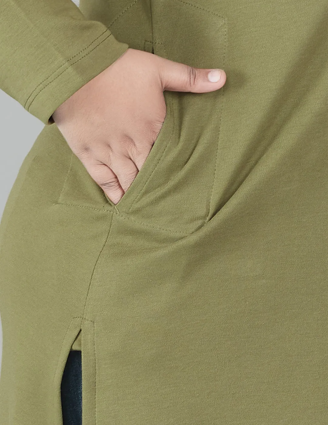 Plus Size Full Sleeves Long Top For Women - Olive Green