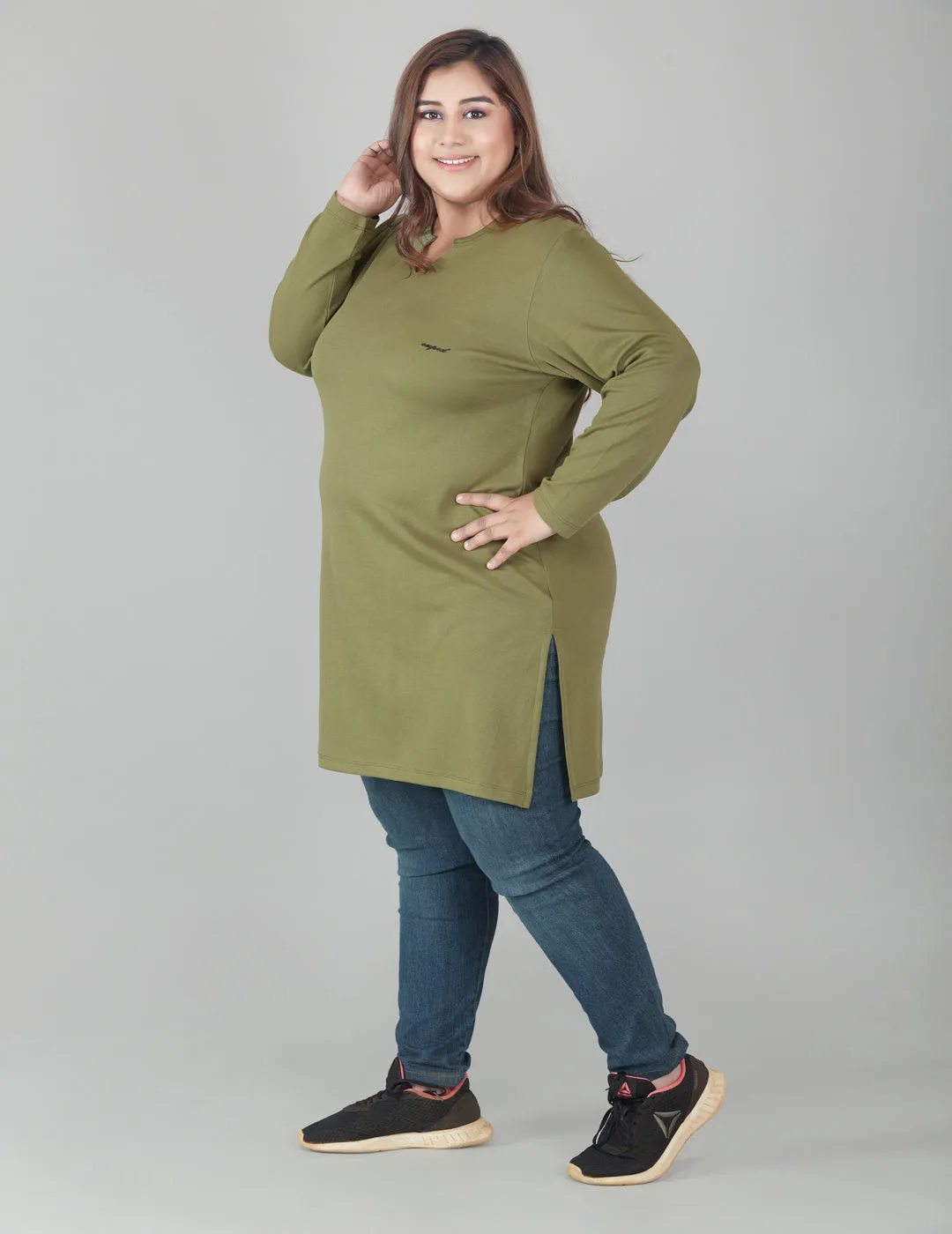 Plus Size Full Sleeves Long Top For Women - Olive Green