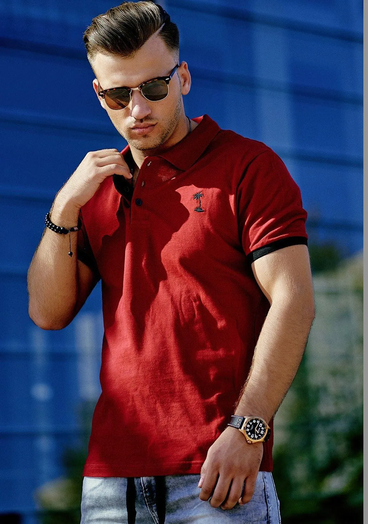 Poloshirt Kontrast Weinrot 337