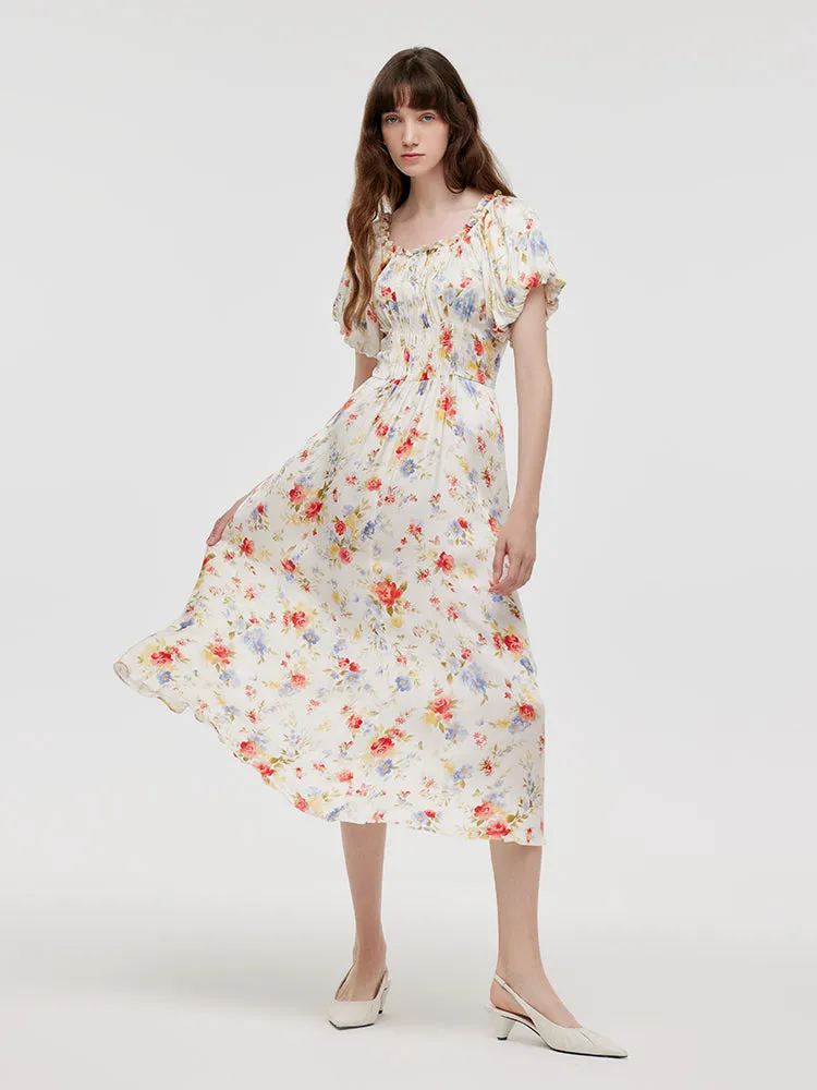 Rose Printed Gathered Waist Women Maxi Dress