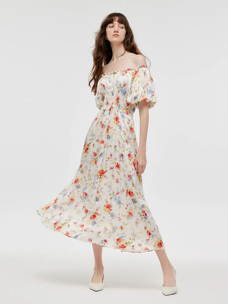 Rose Printed Gathered Waist Women Maxi Dress