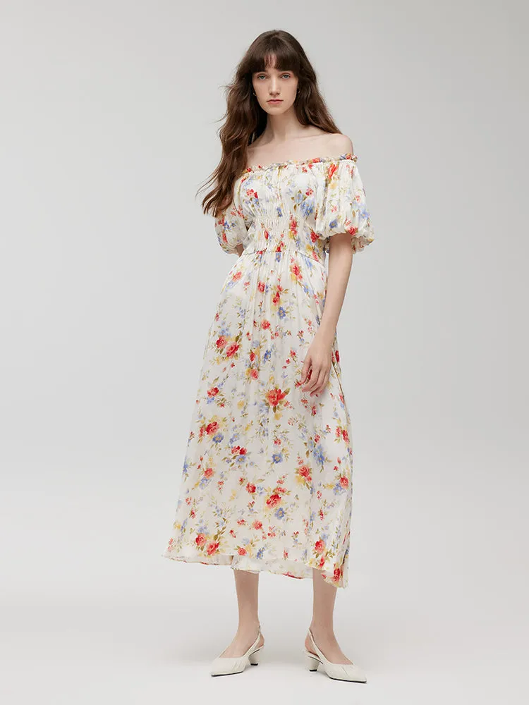 Rose Printed Gathered Waist Women Maxi Dress