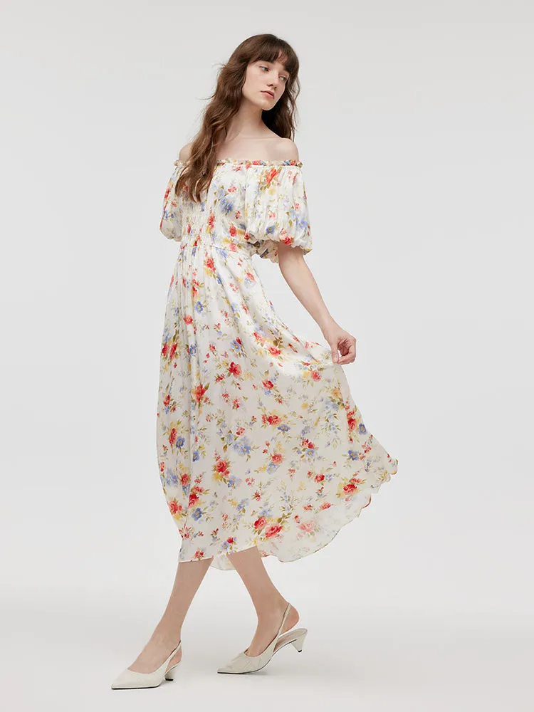 Rose Printed Gathered Waist Women Maxi Dress