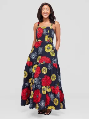 Safari Anga Strappy Tie Back Maxi Dress - Navy / Red Ankara Print