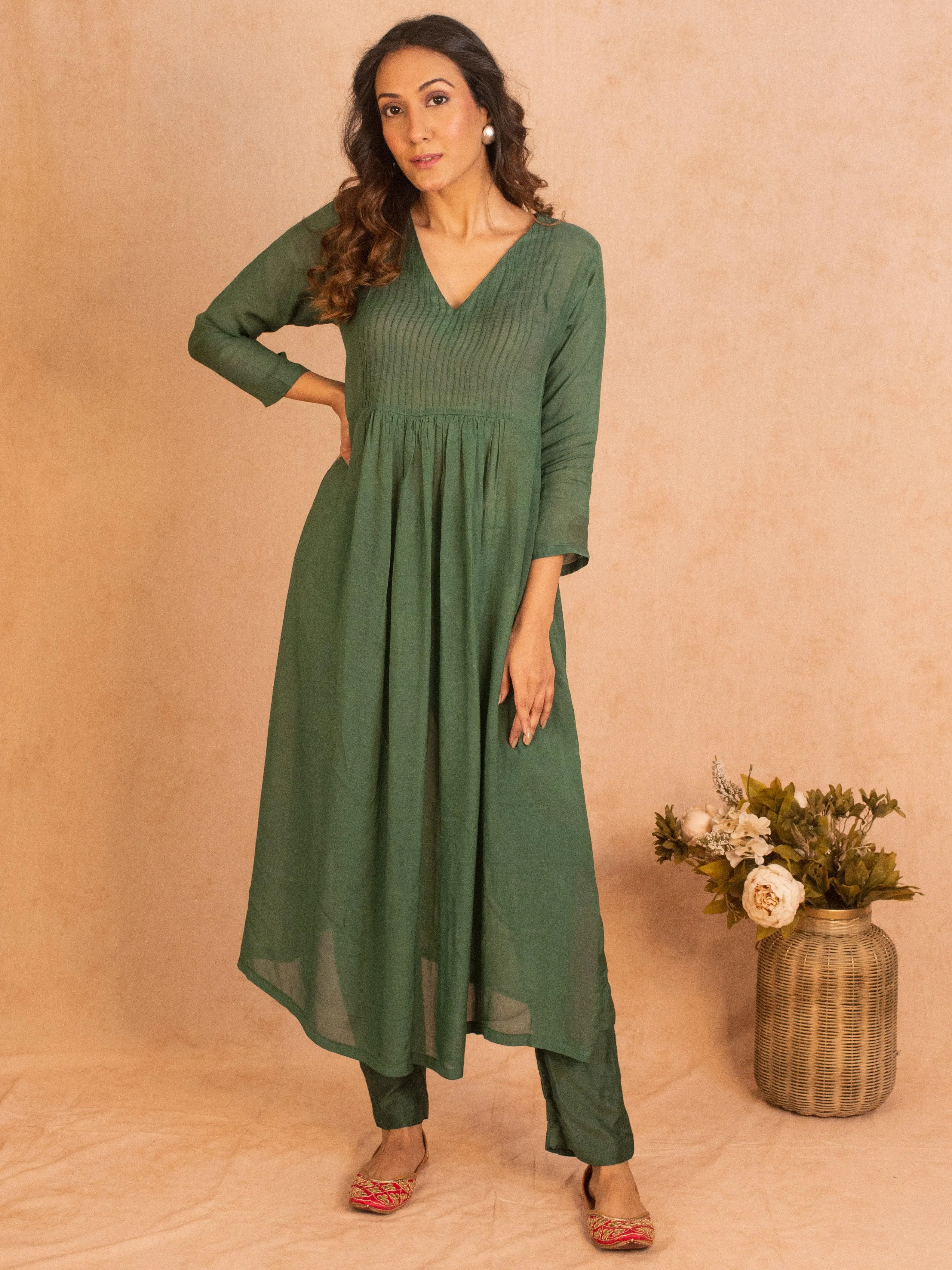 Silk Green Pintucks Flared Kurta Pant Set