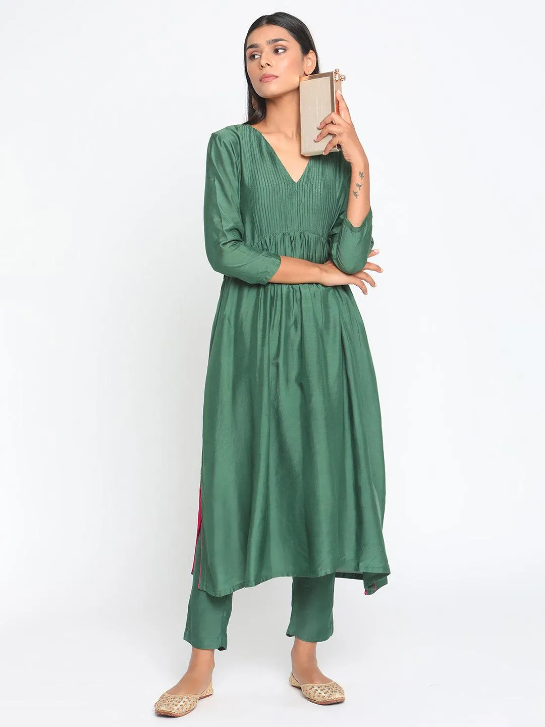 Silk Green Pintucks Flared Kurta Pant Set