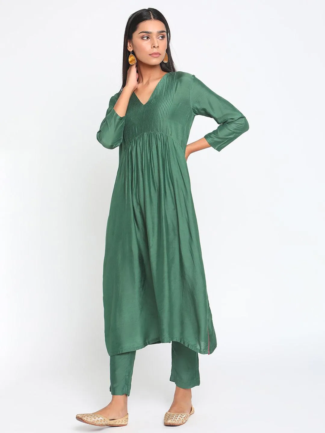 Silk Green Pintucks Flared Kurta Pant Set