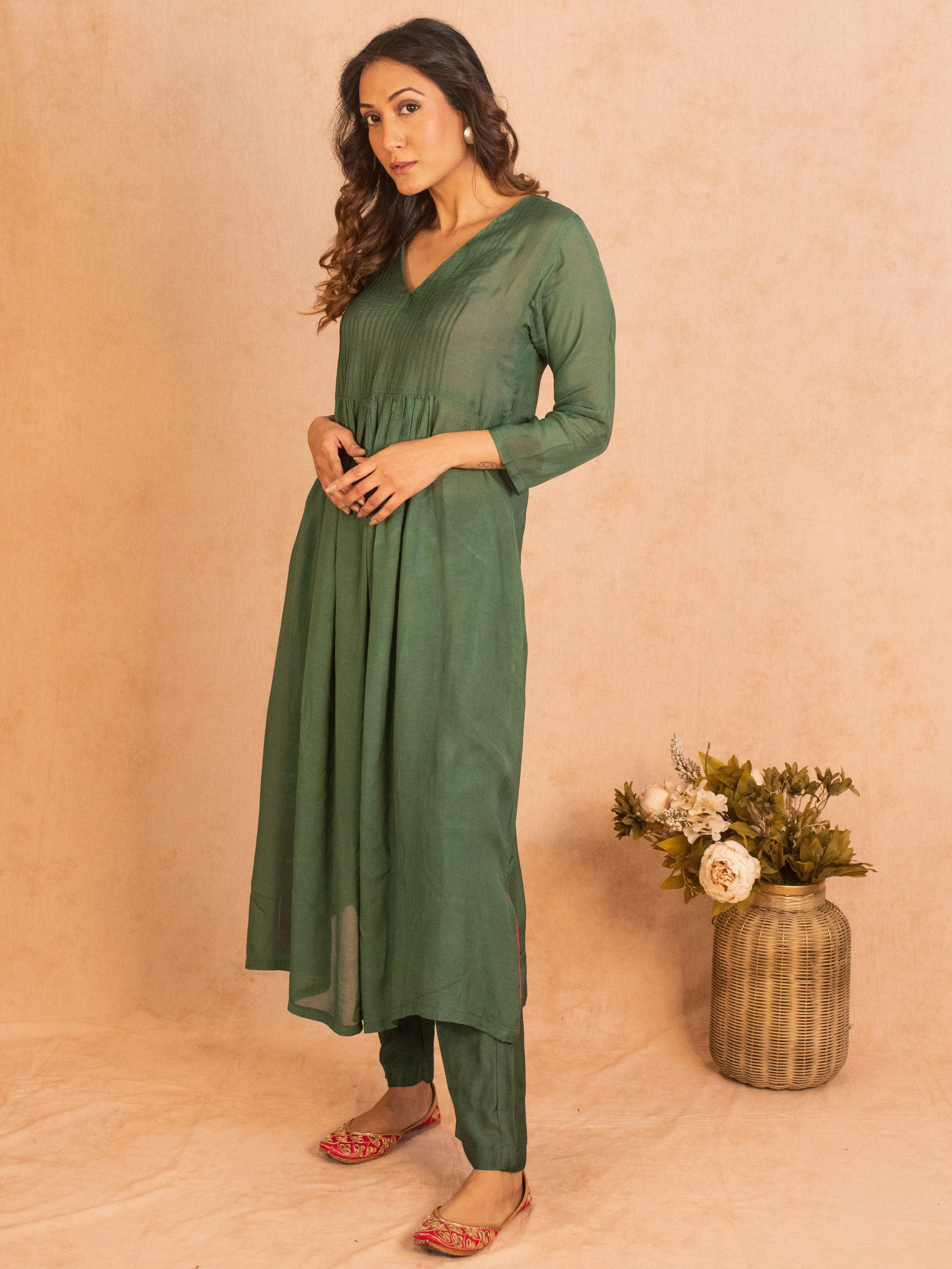 Silk Green Pintucks Flared Kurta Pant Set