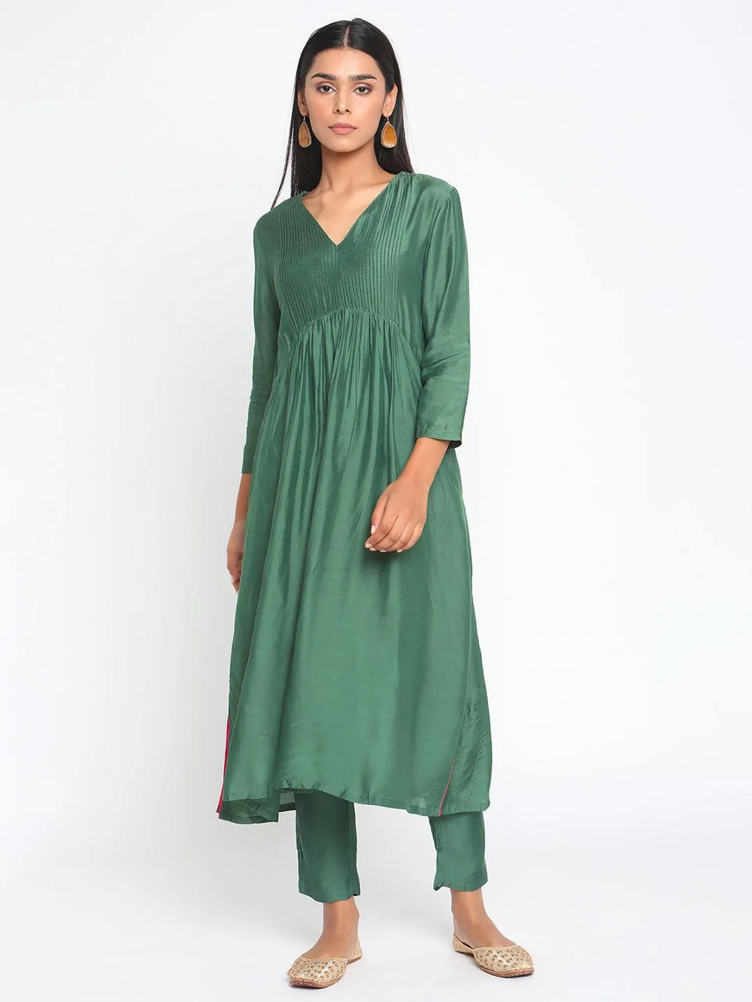 Silk Green Pintucks Flared Kurta Pant Set