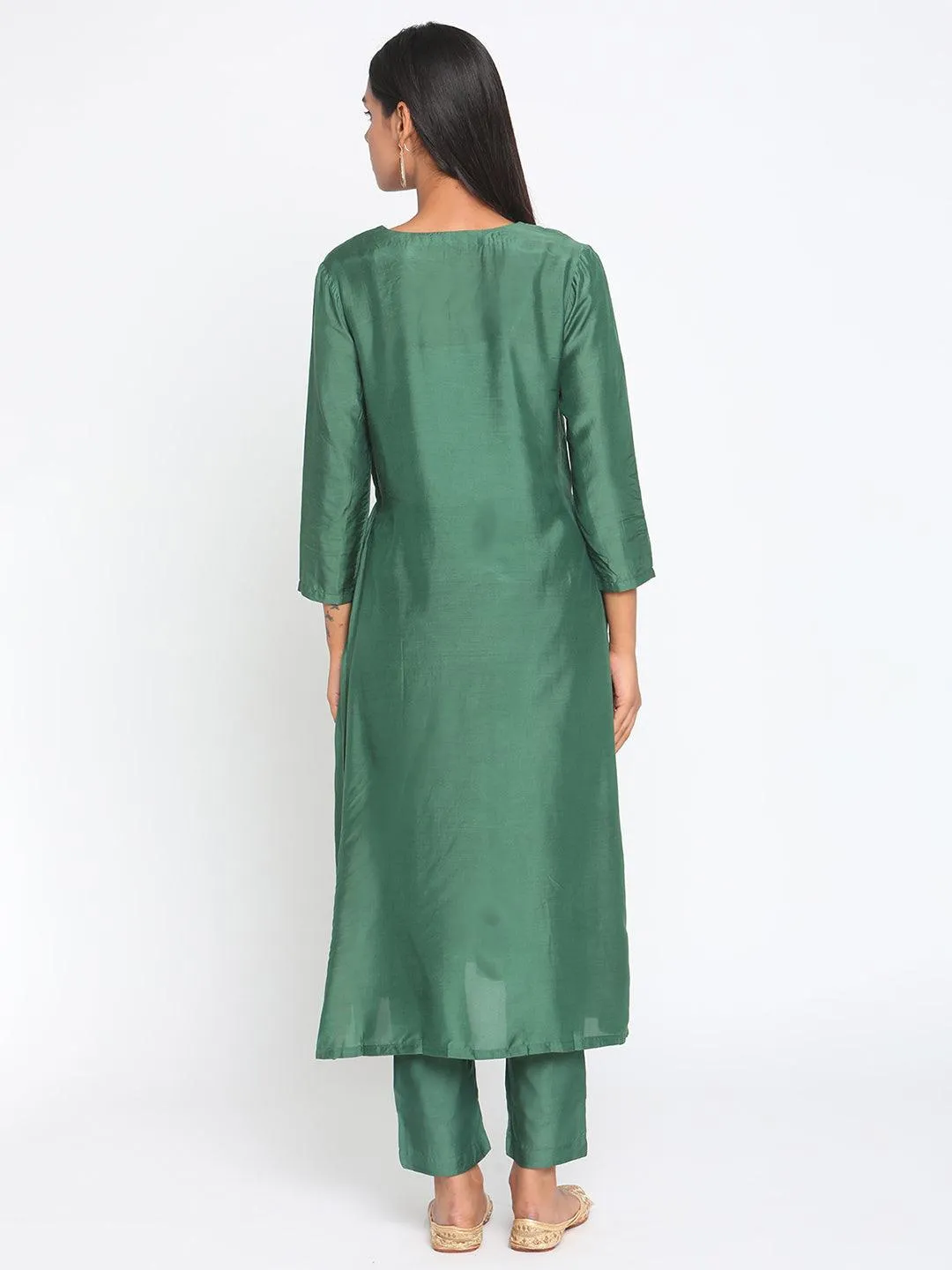 Silk Green Pintucks Flared Kurta Pant Set