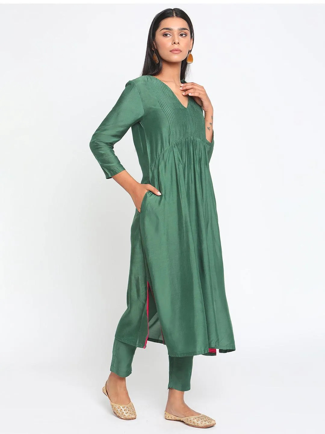 Silk Green Pintucks Flared Kurta Pant Set