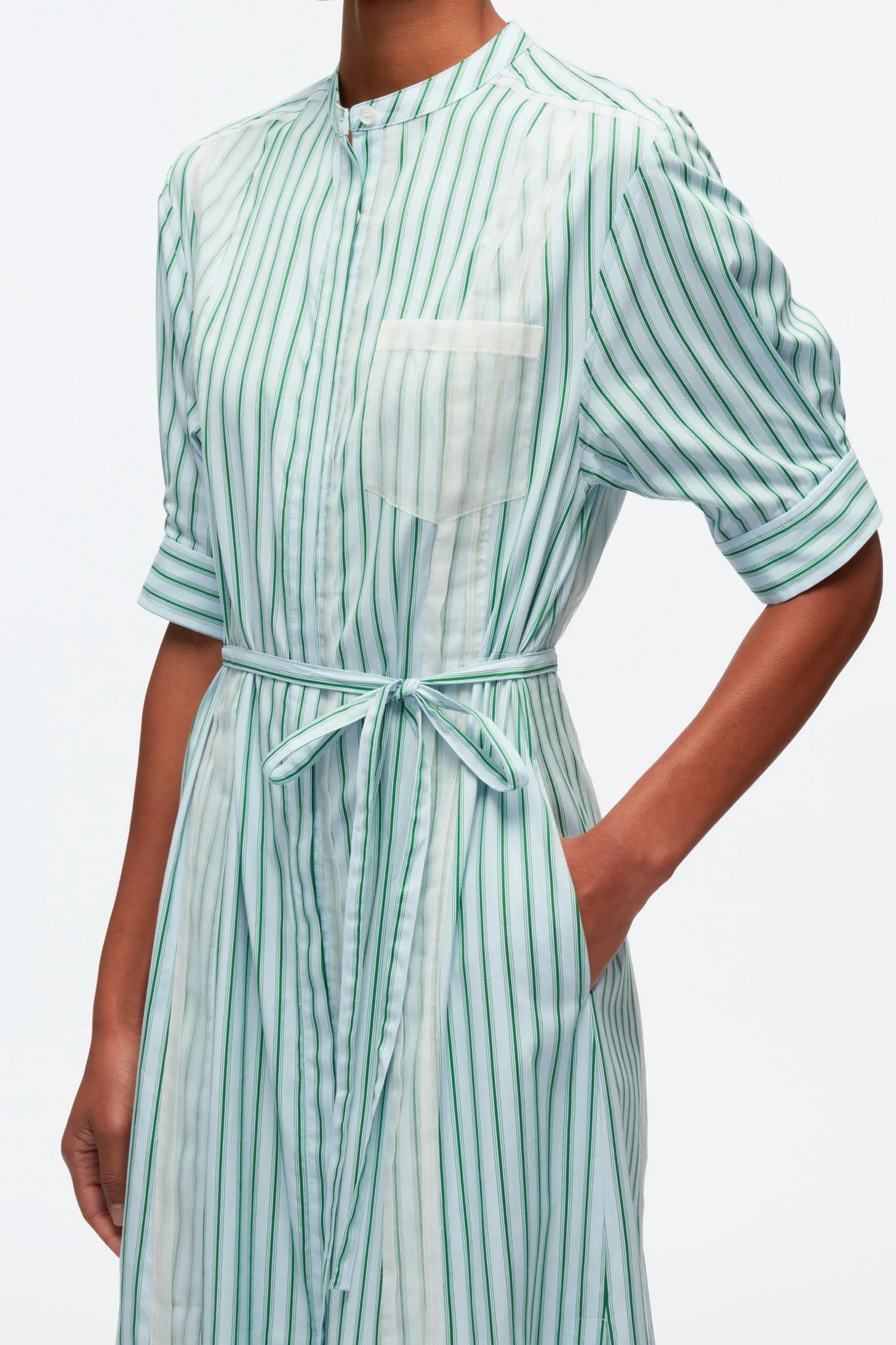 Striped Shirt Dress With Organza Overlay