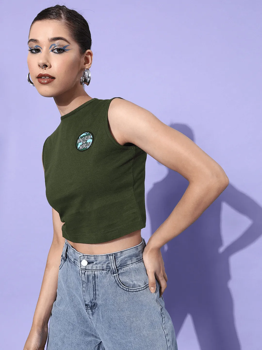 Style Quotient Olive Green  Blue Solid Pure Cotton Crop Top with Applique  Detail